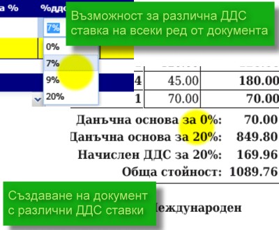 възможност за различна ДДС ставка на всеки ред от документ, въвеждане на фактури с различни ставки по ЗДДС в тях