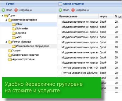 удобно групиране на стоките и услугите в дървовидна структура, обобщени справки по групи и нива на групиране